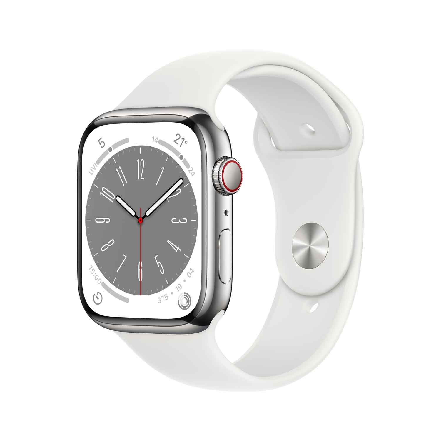 Image of Apple Watch S8 Edelstahl Cellular 45mm Silber (Sportarmband weiß)