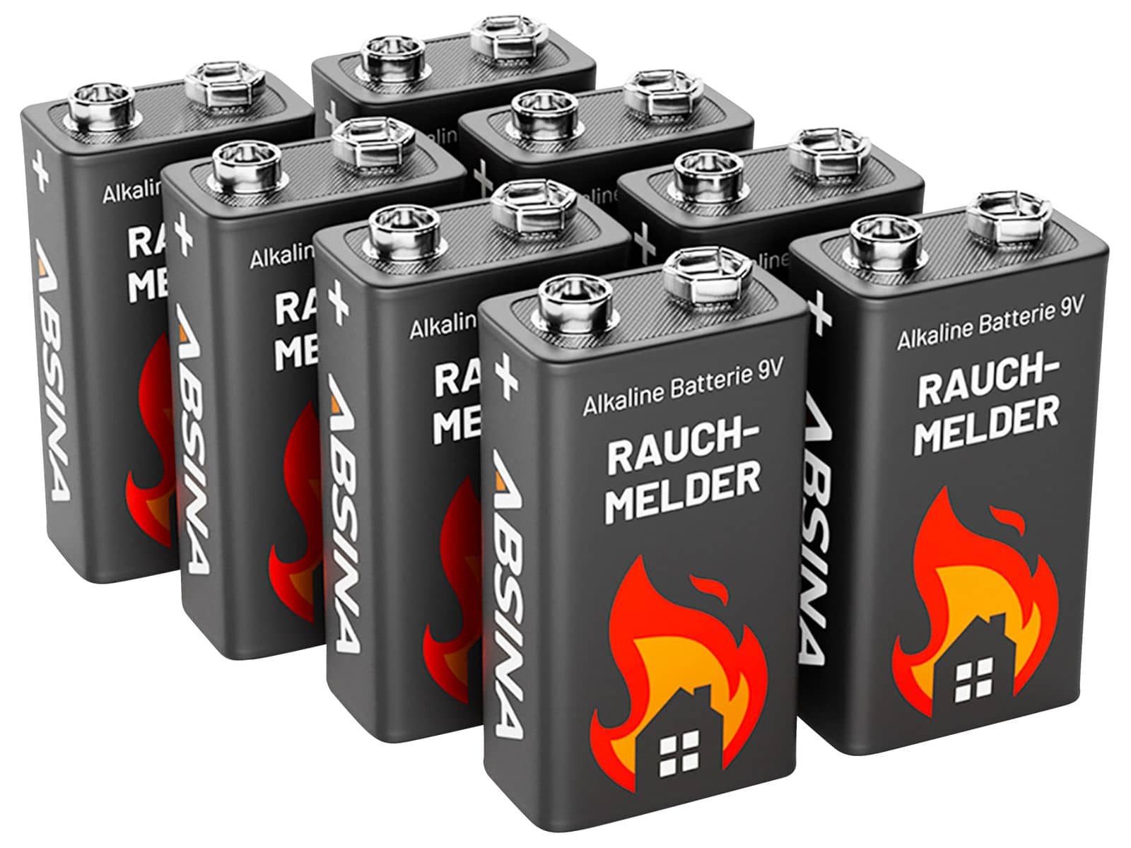 Image of ABSINA 9V-Blockbatterie, Alkaline, für Rauchmelder, 8 Stück