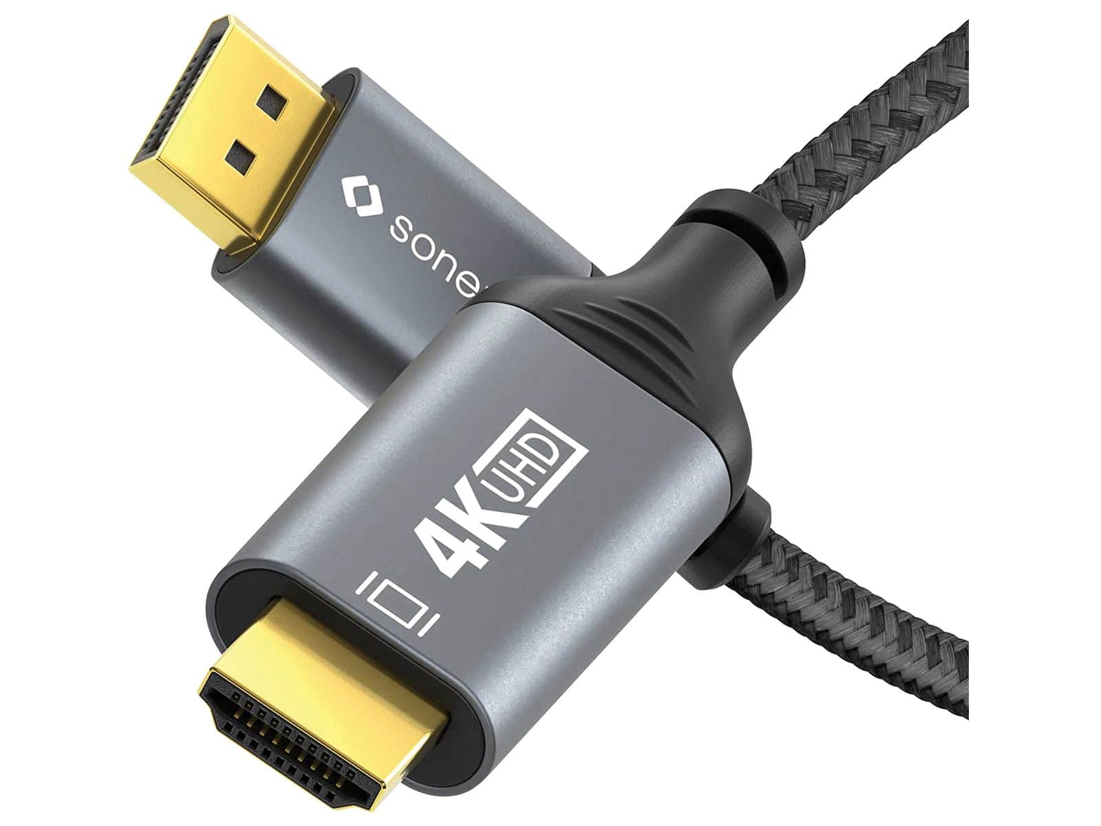 Image of SONERO DisplayPort-Kabel, DP/HDMI, Stecker/Stecker, 4K60, grau/schwarz, 1 m