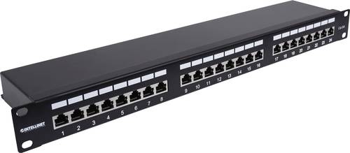 Image of Intellinet 24-Port Cat6a Patchpanel geschirmt 1HE Kabeleinführung 90° abgewinkelt schwarz 24 Port