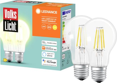 Image of LEDVANCE SMART+ EEK: E (A - G) AC32941 - 2er SMART+ BT FILAMENT CLASSIC DIMMABLE CLA60 E27 6W Warmwe