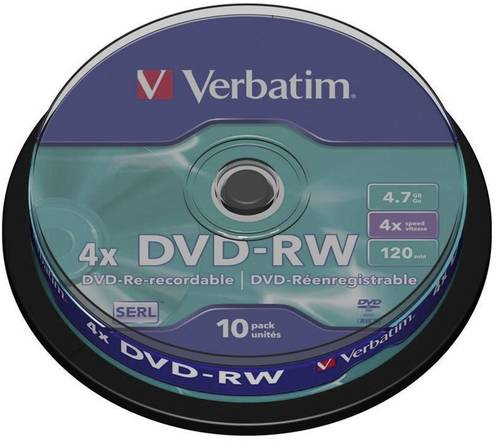 Image of 1x10 Verbatim DVD-RW 4,7GB 4x Speed, matt silver Cakebox