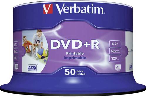 Image of 1x50 Verbatim DVD+R 4,7GB 16x Speed, wide printable NON-ID