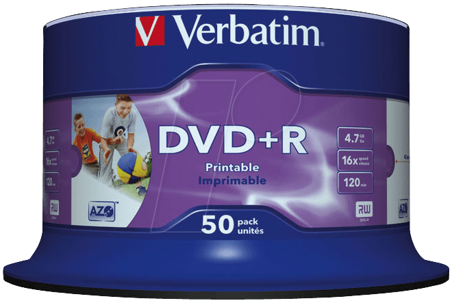 Image of 1x50 Verbatim DVD+R 4,7GB 16x Speed, wide printable NON-ID