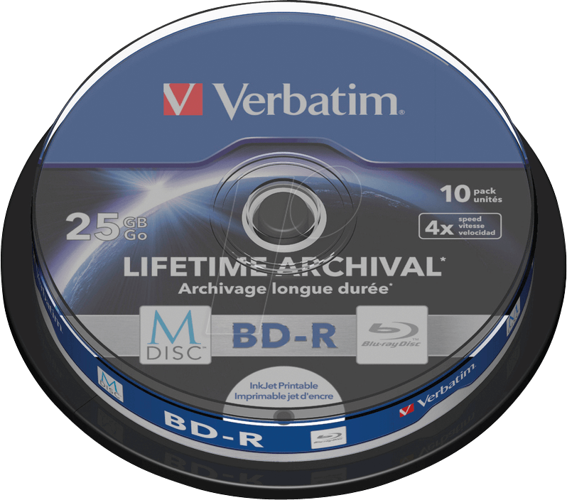 Image of 1x10 Verbatim M-Disc BD-R BluRay 25GB 4x Speed Cakebox printable