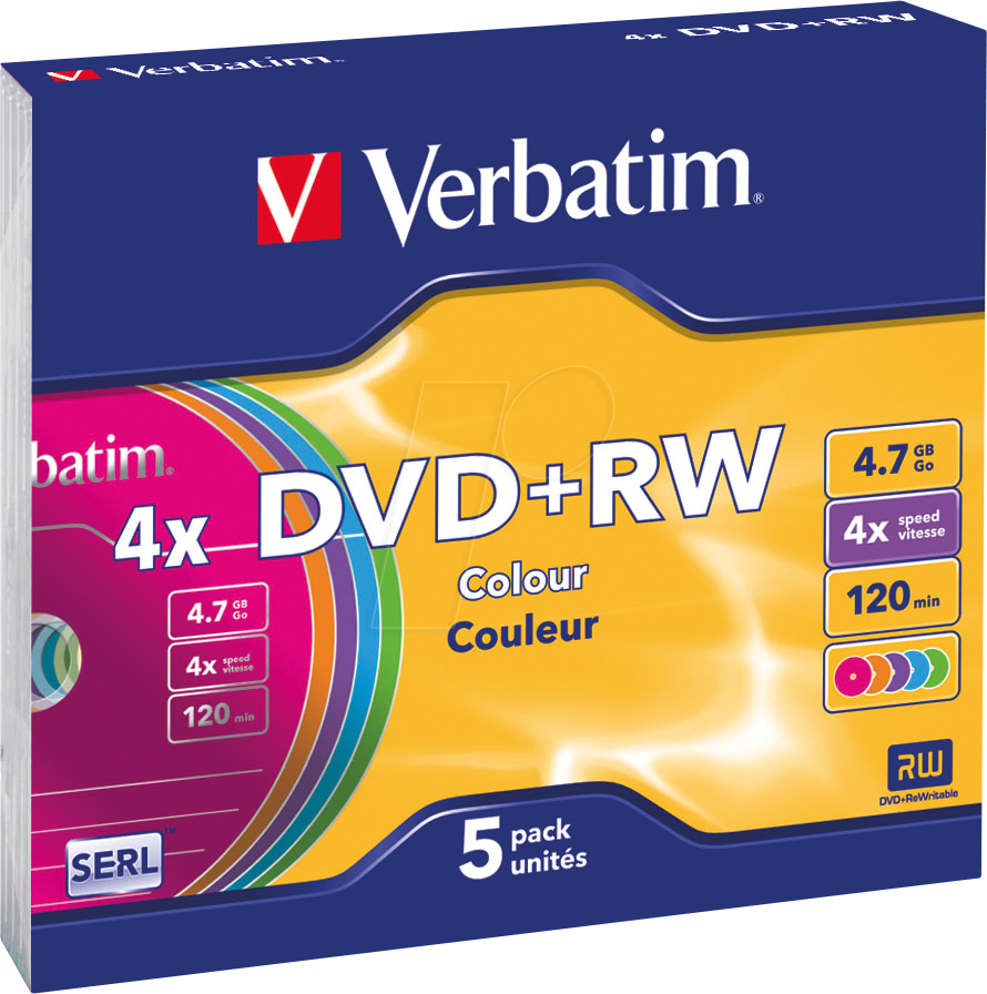 Image of VERBATIM 43297 - DVD+RW 4,7 GB, Colour, 5er Pack Slim Case