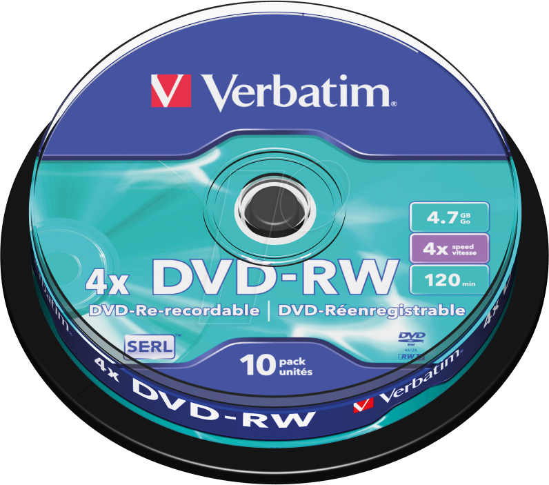 Image of 1x10 Verbatim DVD-RW 4,7GB 4x Speed, matt silver Cakebox