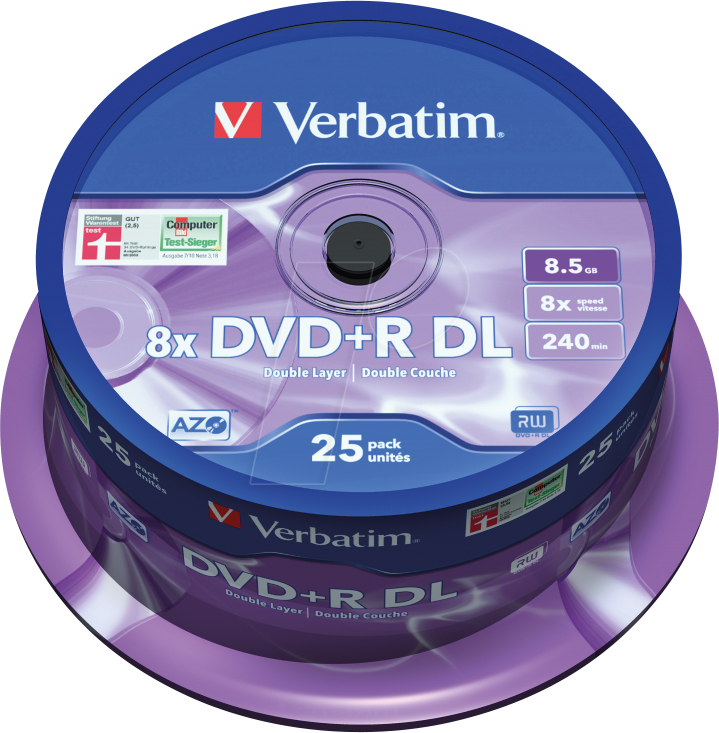 Image of 1x25 Verbatim DVD+R Double Layer 8x Speed, 8,5GB matt silver
