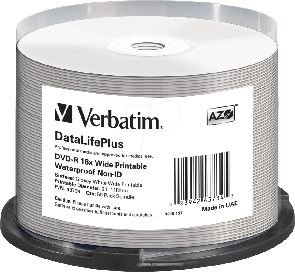 Image of VERBATIM 43734 - DVD-R 4,7 GB, wasserabweisend, bedruckbar, 50er Spindel