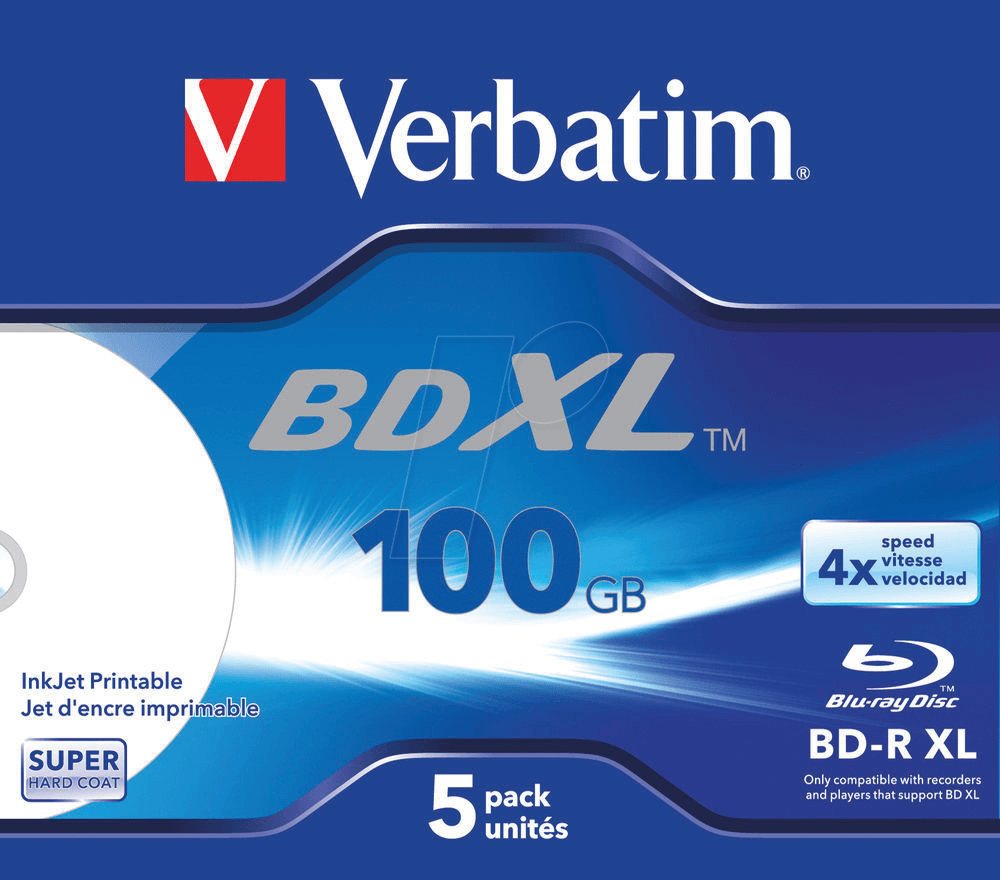 Image of BD-R XL 100 GB* 4x, mit Tintenstrahldrucker großflächig bedruckbar, Jewel Case, 5er-Pack