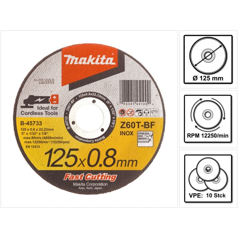 Image of Makita - 10x Trennscheibe 125 x 0,8 x 22,23 mm für inox Edelstahl ( 10x B-45733 )