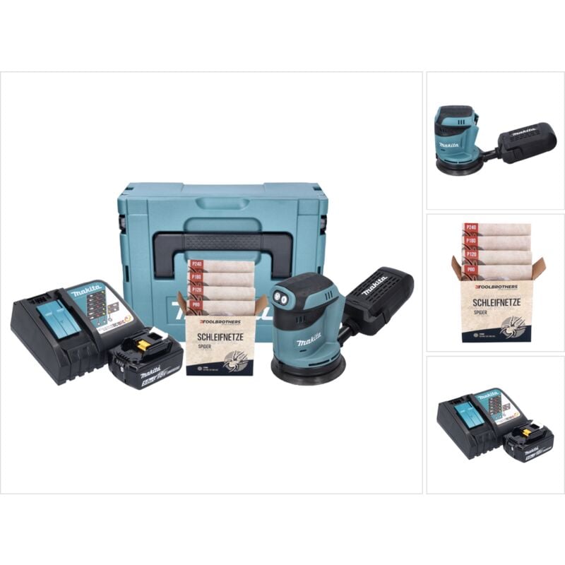 Image of Makita - dbo 180 RT1J Akku Exzenterschleifer 18 v 125 mm + 1x Akku 5,0 Ah + Ladegerät + Toolbrothers spider Schleifset Netzschleifmittel + Makpac