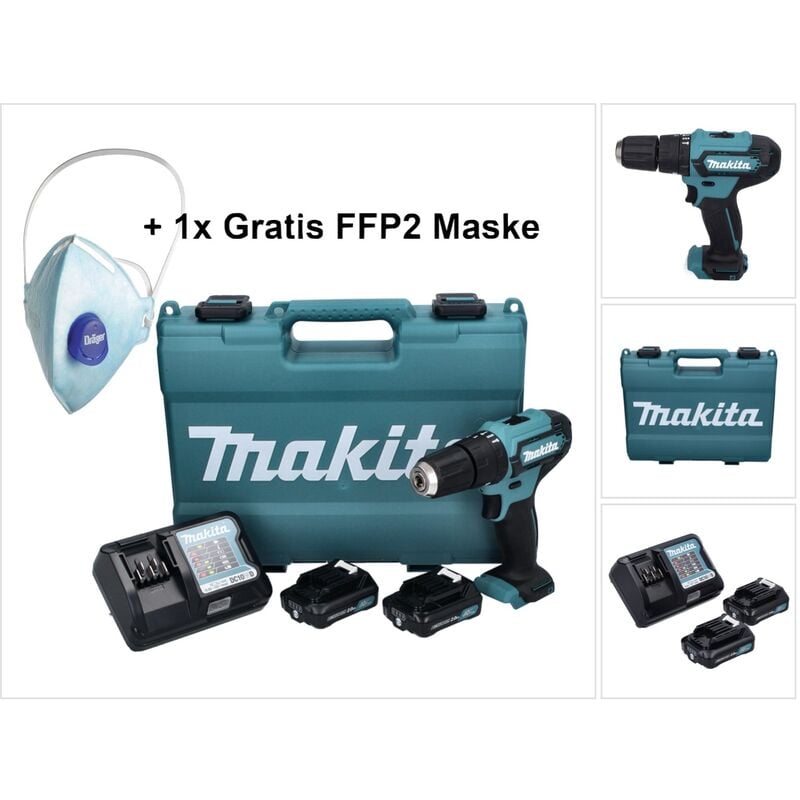 Image of Makita - hp 333 dwae Akku Schlagbohrschrauber 12 v 30 Nm + 2x Akku 2,0 Ah + Ladegerät + 1x FFP2 Maske + Koffer