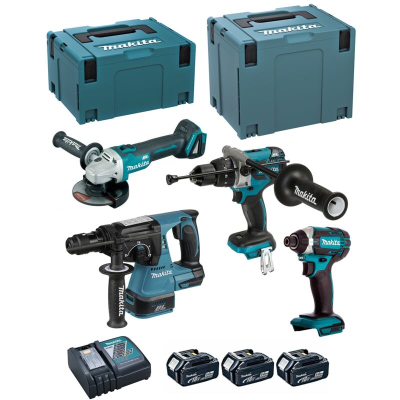 Image of Makita - Kit DLX4050TJ (DHP481 + DTD152 + DHR243 + DGA504 + 3 x 5,0 Ah + DC18RC + makpac 3 + makpac 4)