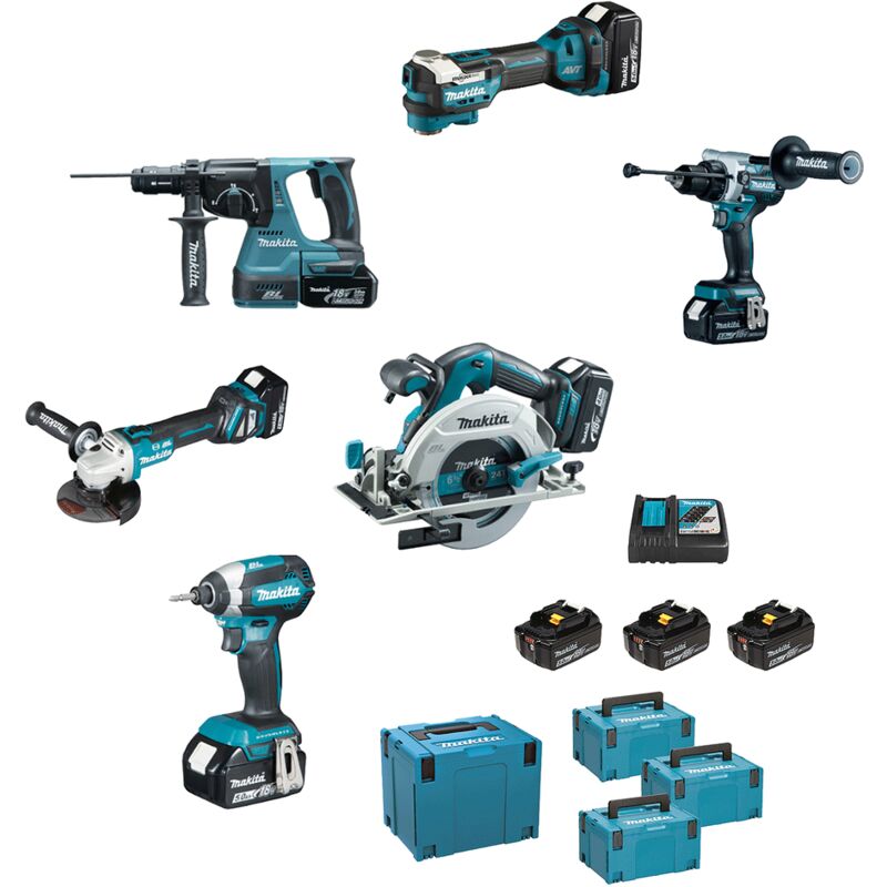 Image of Makita - kit DLX6126JX1 DGA513+DHP486+DHR243+DHS680+DTD153+DTM52+3xBL1850+1xDC18RC