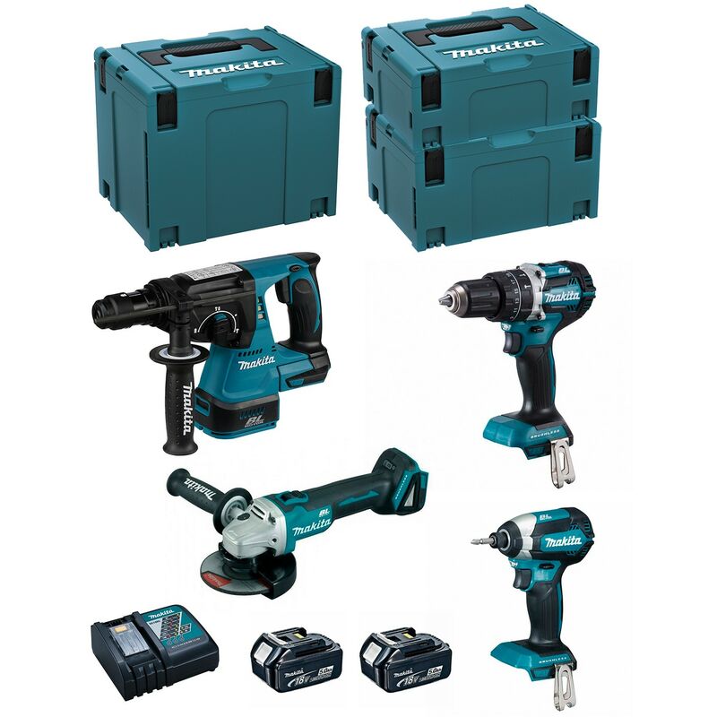 Image of MAKITA Kit MK407RTJ (DHR243 + DHP484 + DTD153 + DGA504 + 2 x 5,0 Ah + DC18RC + MAKPAC 2 + MAKPAC 3 + MAKPAC 4)