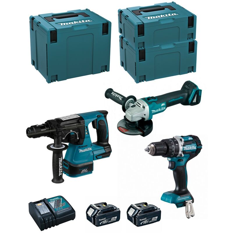 Image of Makita - Kit MK311RTJ (DHR243 + DHP484 + DGA504 + 2 x 5,0 Ah + DC18RC + makpac 2 + makpac 3 + makpac 4)