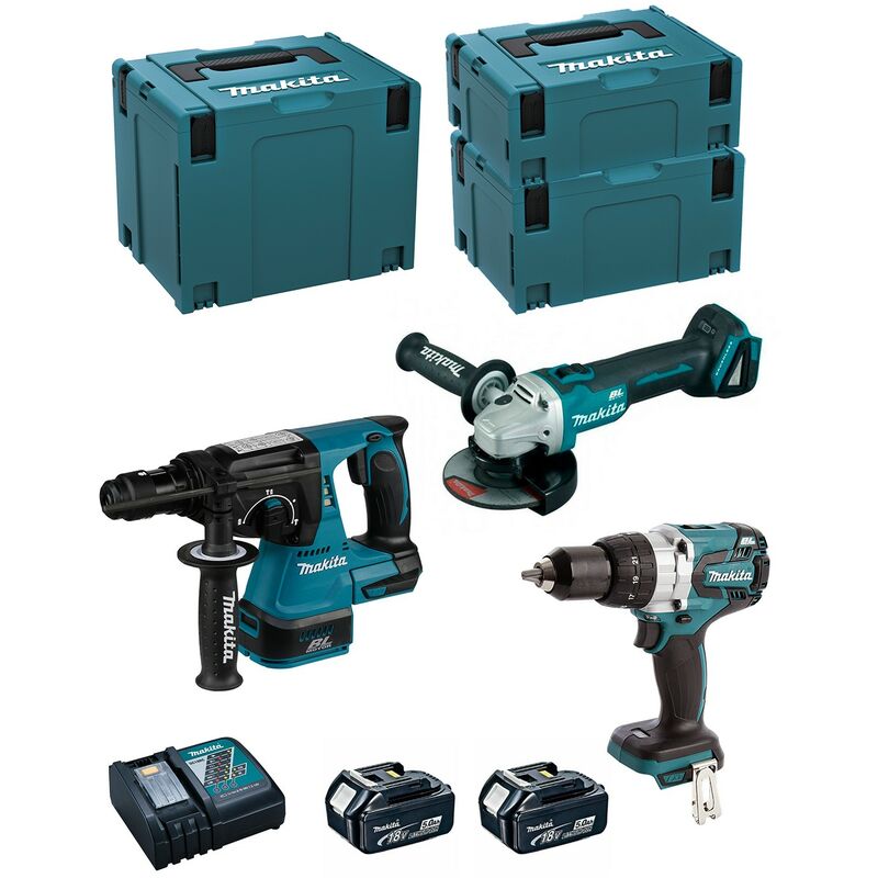 Image of MAKITA Kit MK312RTJ (DHR243 + DHP481 + DGA504 + 2 x 5,0 Ah + DC18RC + MAKPAC 2 + MAKPAC 3 + MAKPAC 4)