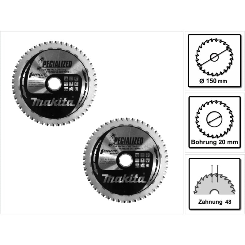 Image of MCCS15048E specialized efficut Sägeblatt 150 x 20 x 1,1 mm 2 Stk. ( 2x B-69331 ) 48 Zähne für Metall - Makita