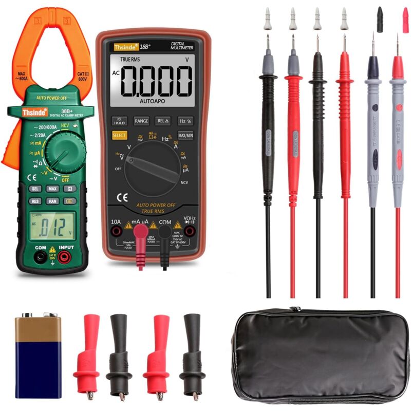 Image of Dolaso - Auto Range Digitalmultimeter und Zangenmessgerät – mit Aufbewahrungstasche, Batterie-Krokodilklemmen, Messleitungen für