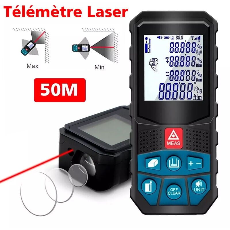 Image of Ahlsen - 50-m-Laser-Entfernungsmesser, sdlogal, 2 mm Abstand, 20 Daten, Entfernungsmessung, LCD-Bildschirm, IP54 wasserdicht, Batterien nicht im