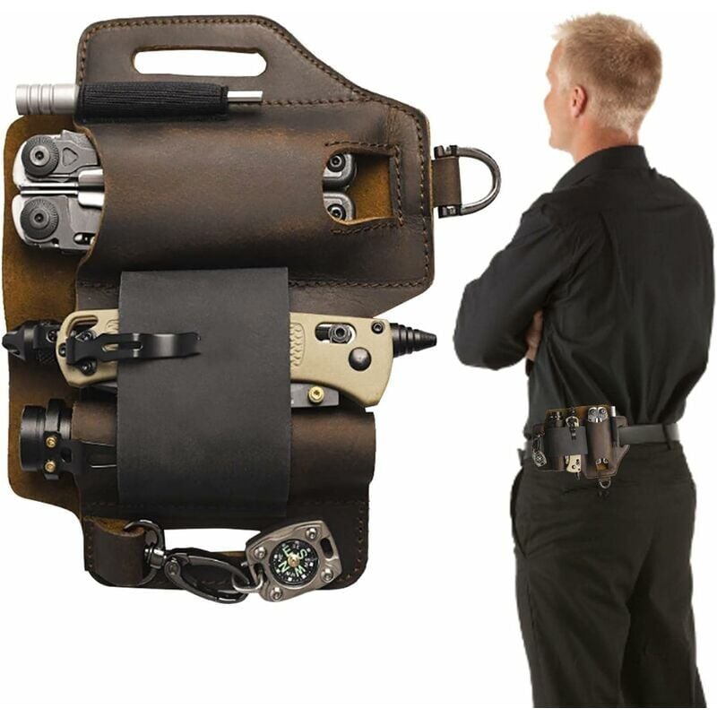 Image of EDC-Multifunktions-Taschenlampenholster – Gürtelscheide aus Leder mit Stifthalter für Taschenlampe, Messer, Autoschlüssel - Ahlsen