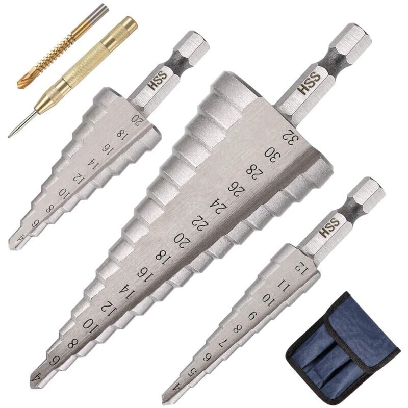 Image of 3-teiliger Metall-Stufenbohrer, 4–12/20/32 mm HSS-Titan-konischer Dreieck-Senker, Sechskantschaft für Stahl, Holz, Messing, Aluminium, pvc, Körner