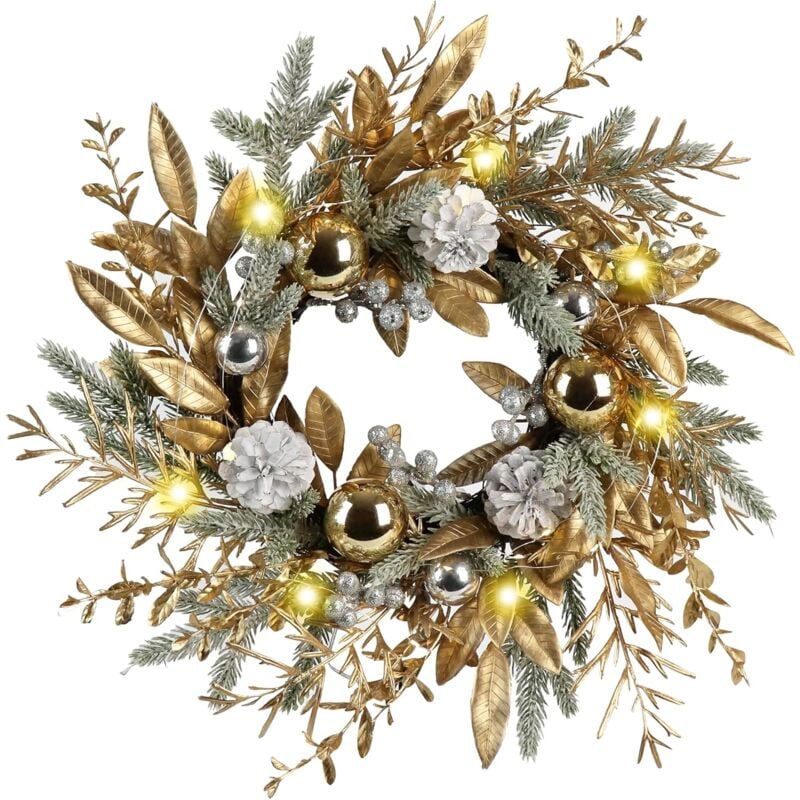 Image of Weihnachtskranz, 50,8 cm, Weihnachts-Türdekoration, Kranz mit warmen Lichtern, Weihnachtskugeln, Tannenzapfen, goldenen Zweigen, Tannennadeln und