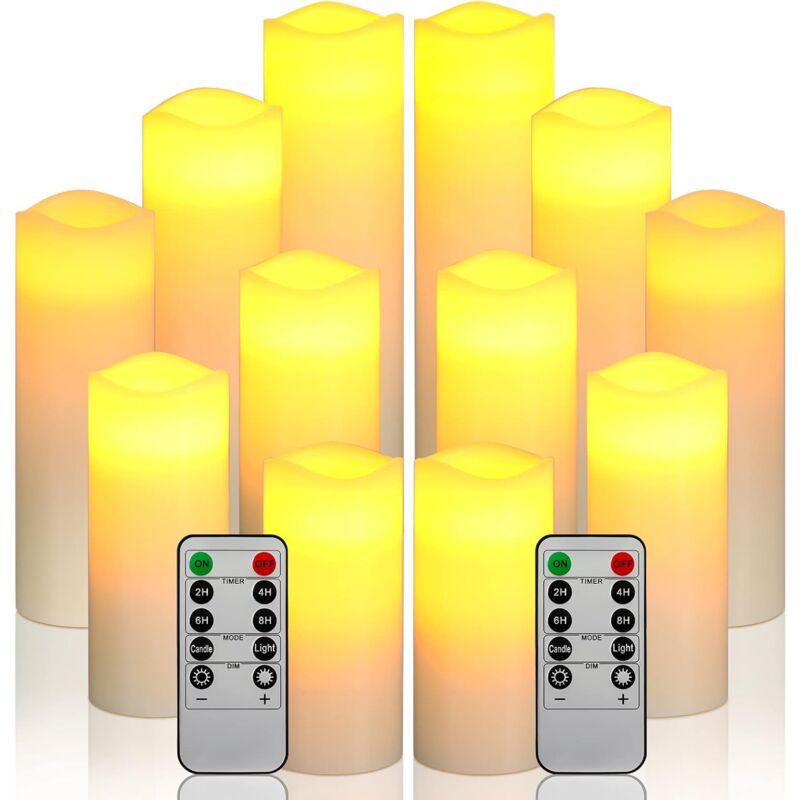 Image of Flammenlose LED-Kerzen, 12er-Set, batteriebetrieben, aus elfenbeinfarbenem Echtwachs mit Fernbedienung (Batterien nicht im Lieferumfang enthalten).