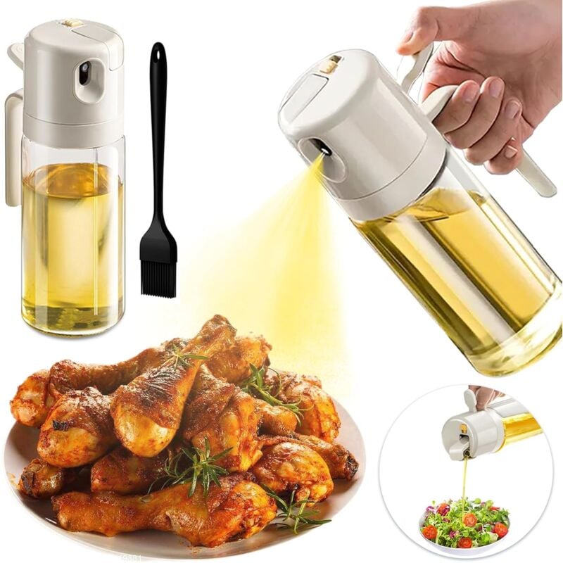 Image of Luftfritteusen-Küchenölspray 550 ml, 2-in-1-Glas-Küchenölspray, Speiseölspray mit Küchenbürste, Olivenölspray zum Kochen, Grillen, Salat (Beige)