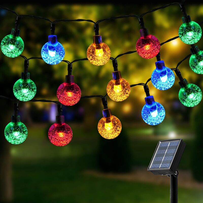 Image of Solar-Lichterkette für den Außenbereich, 12 m, 100 LEDs, 8 Modi, Kristallkugeln, Solar-Außenlichterkette, wasserdichte Solar-Lichterkette, für