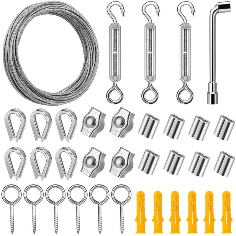 Image of Drahtseil Edelstahl Set, 20M 2 mm Stahlseil pvc Ummantelt Rankhilfe Set Spanndraht Seilspanngarnitur für