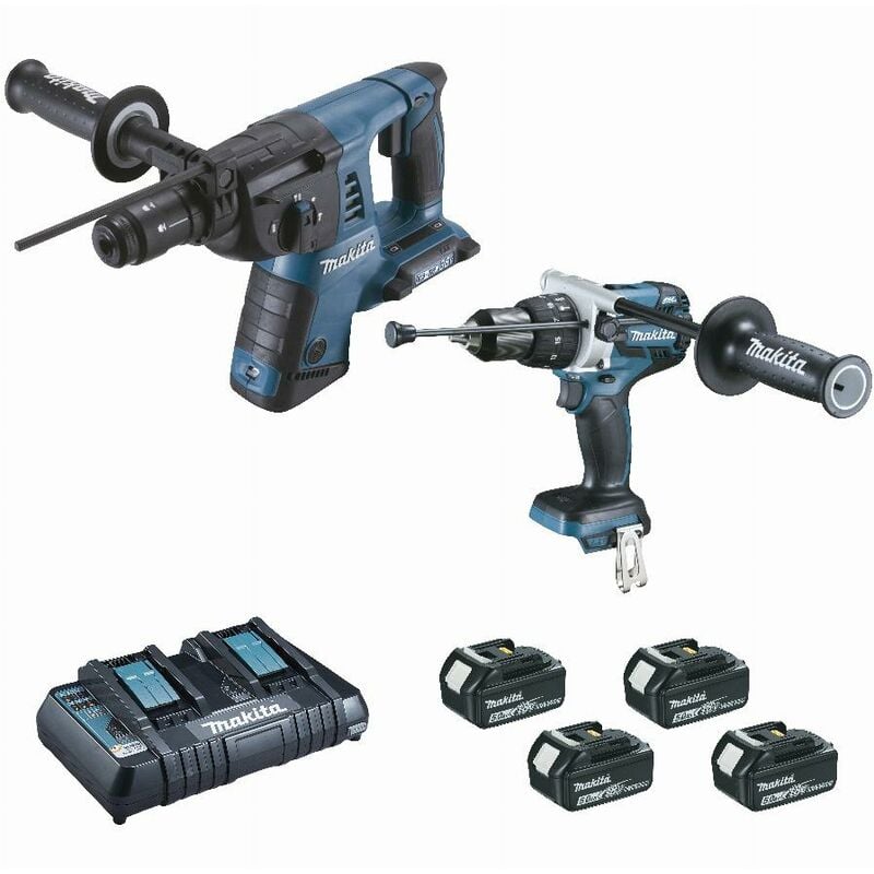 Image of Makita - Set aus 2 Maschinen 18 v Li-Ion 5 Ah Perfo DHR264 + Bohrmaschine DHP481 - 2 Batterien, Ladegerät, Koffer - DLX2101PTJ