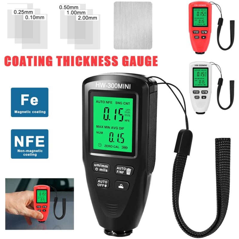 Image of Ej.Life Tragbares digitales LCD-Dickenmessgerät, automatisches Dickenmessgerät, Sensor, Beschichtungsmessung, Autolack-Fe- und NFe-Sonde, 0–2000 µm