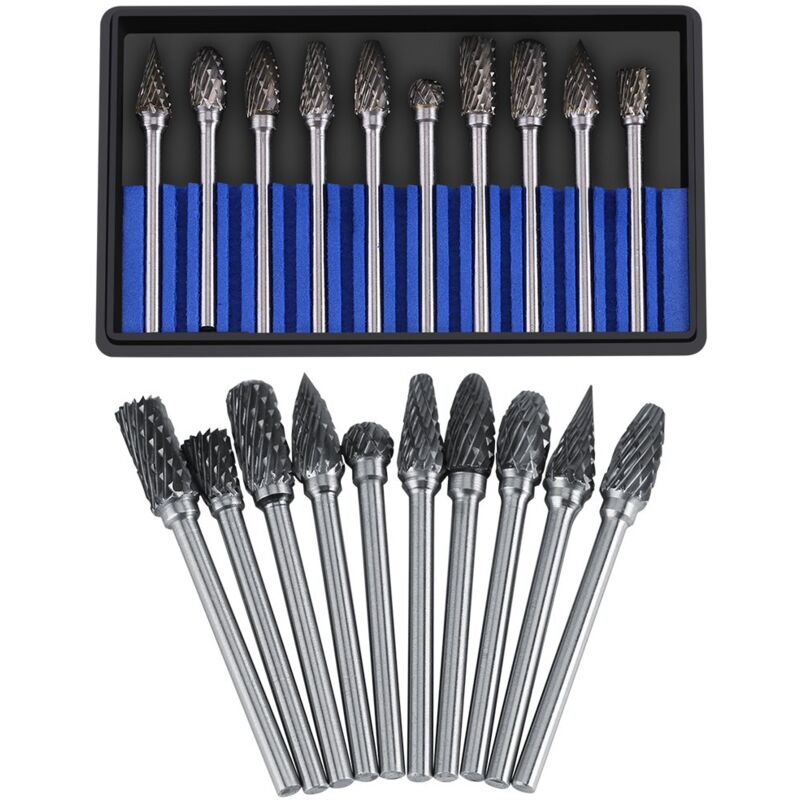 Image of Ej.life - Hartmetall-Grate-Satz, 10pcs Wolfram-Hartmetall-Stahl-Drehfeilen Grat-Satz für Die Grinder Drill, Metallschnitzen, Polieren, Gravieren,