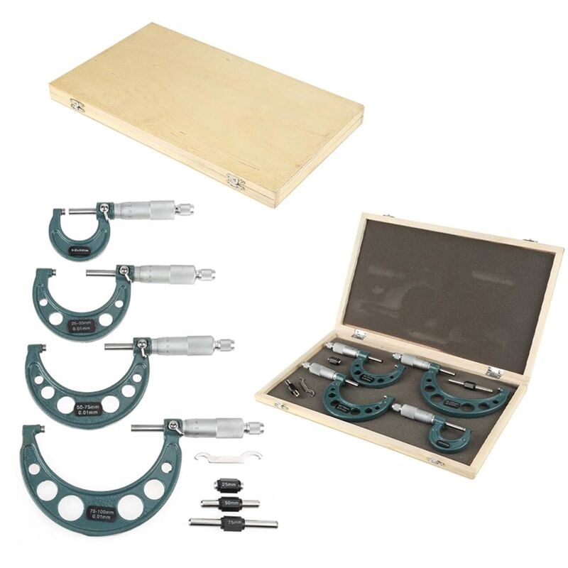 Image of Metrisches Mikrometer, Metrisches Außenmikrometer-Set, 4-teiliges Metrisches Außenmikrometer-Dickenmessgerät 0-100 Mm mit Koffer - Ej.life