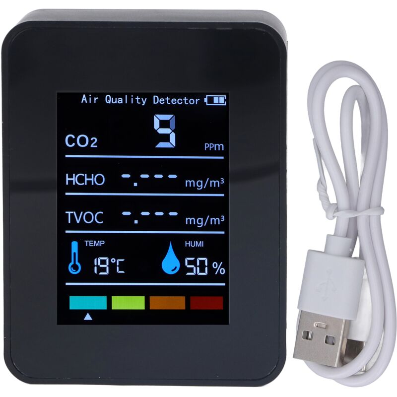 Image of Schwarzer CO2-Kohlendioxid-Detektor, lcd-tvoc, hcho, Temperatur, Luftfeuchtigkeit, Luftqualität, Messgerät - Jeffergarden