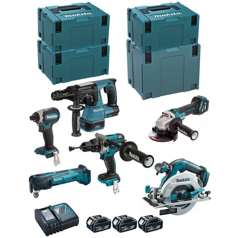 Image of MAKITA Kit DLX6085TJ (DHR243 + DHP481 + DTD153 + DHS680 + DGA513 + DTM51 + 3 x 5,0 Ah + DC18RC + 3 x MAKPAC 3 + MAKPAC 4)