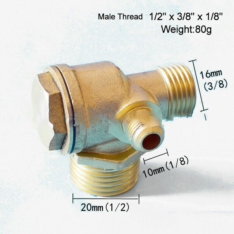 Image of Luftkompressor-Rückschlagventil, 1/2 Zoll x 3/8 Zoll x 1/8 Zoll Außengewinde, Messingventil mit Gewindeanschluss für Drucklufttank und