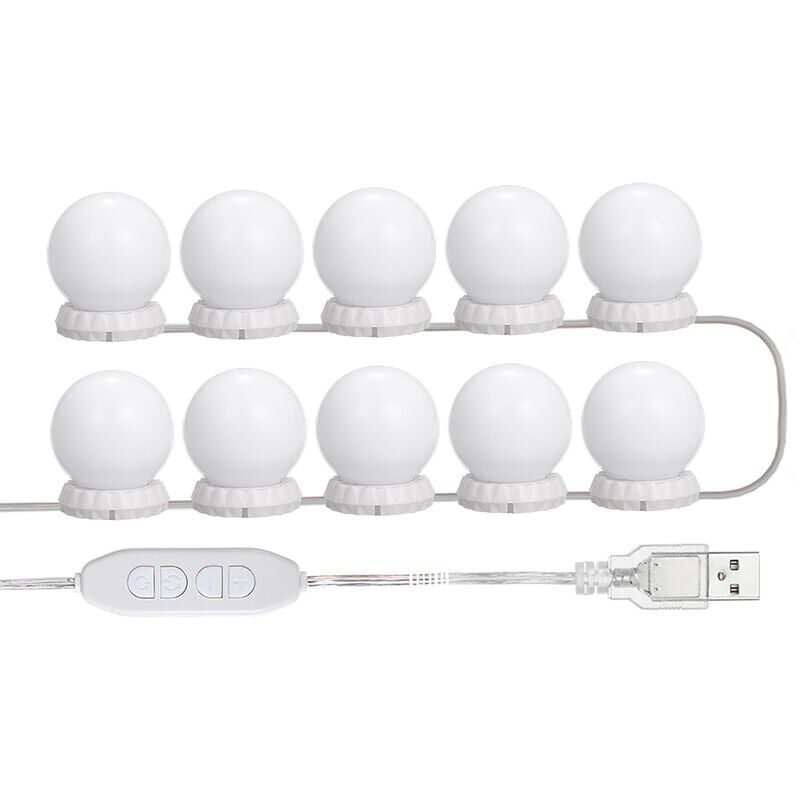 Image of LED-Spiegelbeleuchtungsset für Schminktisch, mit 10 verstellbaren Glühbirnen, 10 Helligkeiten und 3 Beleuchtungsmodi, USB-Typ, Weiß – Weiß-DPZO