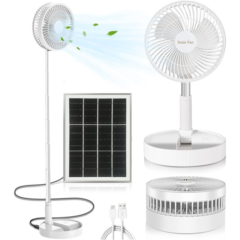 Image of Leiser Standventilator, solarbetriebener Ventilator und wiederaufladbarer USB-Akku, höhenverstellbarer und klappbarer Tischventilator, tragbarer