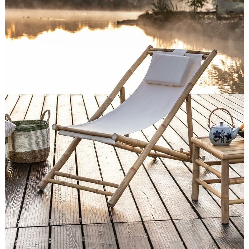 Image of Dekoleidenschaft - Liegestuhl Relax aus Bambus Holz, creme, klappbar, Gartenstuhl