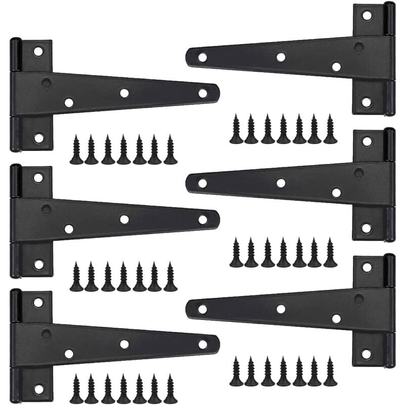 Image of Robustes Türscharnier, 6 Stück, 15,2 cm großes Türscharnier, schwarzes T-Scharnier mit Schrauben, Edelstahl-Flachscharnier, Eisen-Türscharniere,