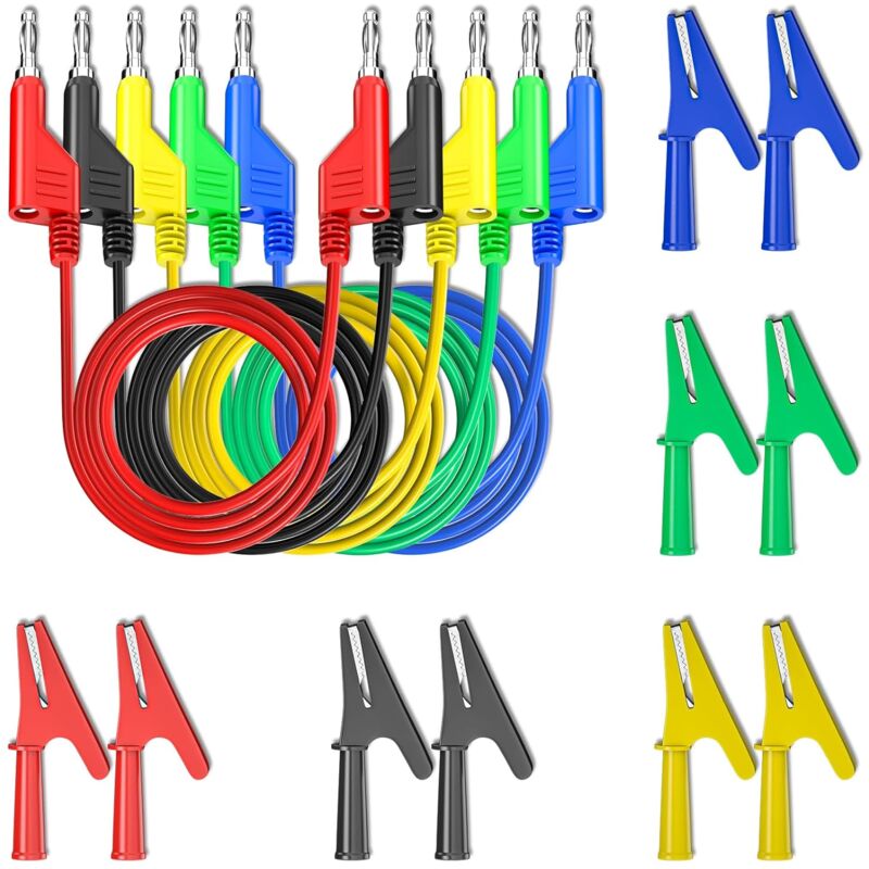 Image of Stapelbare 4-mm-Bananen-auf-Bananenstecker-Messleitungen mit 10 vollständig isolierten Kupfer-Krokodilklemmen für elektrische Multimeterprüfungen, 5