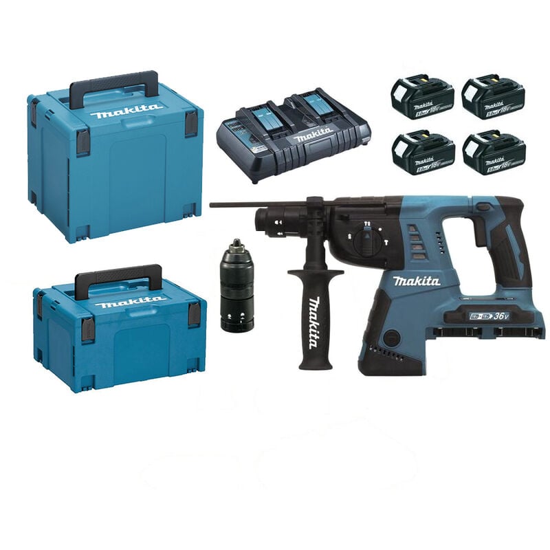 Image of Makita - sds + 36V Bohr-Meißel - 2x18V Li-Ion 5Ah - 26mm - 4xBatterien + 1x Schnellladegerät + 2 Transportkoffer + Zubehör - DHR264PT4J