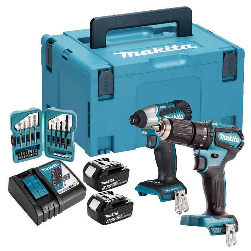 Image of Makita - Set aus 2 Maschinen 18 v Li-Ion 5 Ah Schrauber DTD155 + Bohrmaschine DHP483 - 2 Akkus, Ladegerät, Koffer - DLX2221TJ2