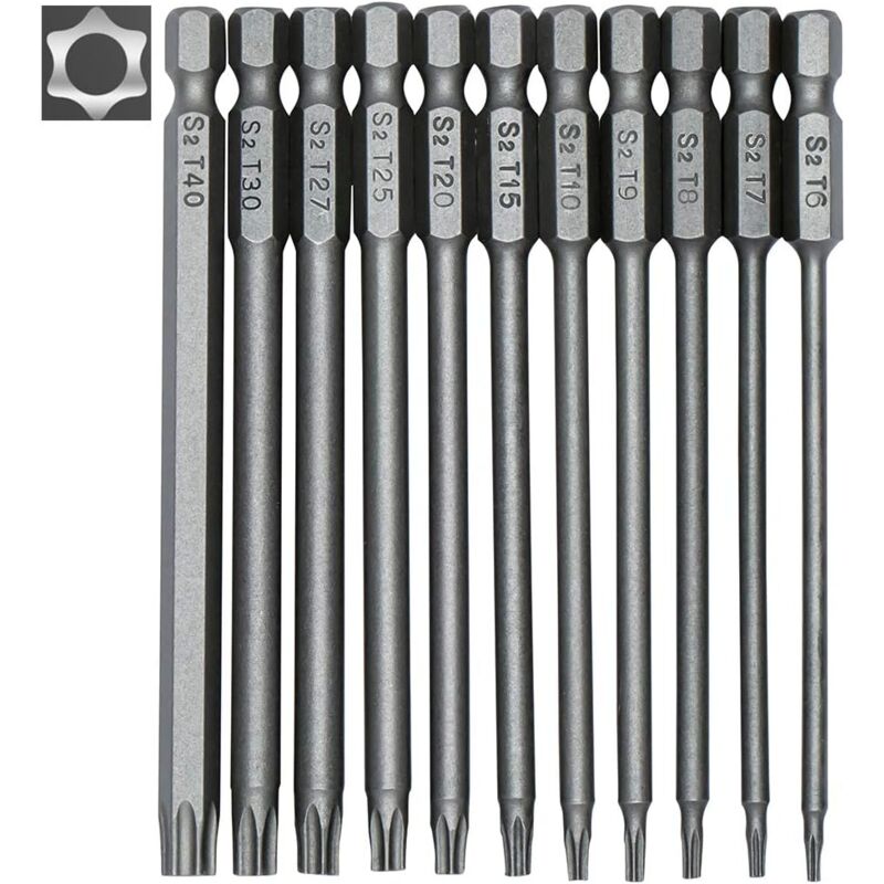 Image of Set mit 11 langen Torx-Bits für Schraubendreher und Elektroschrauber – Magnetische Bits – 1/4-Zoll-Sechskantschaft – Größen T6 bis T40 – Länge 100 mm