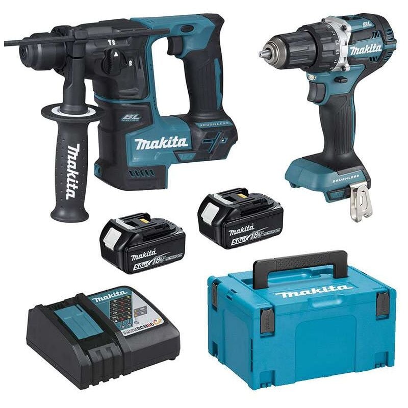 Image of Makita - Set mit 2 Maschinen 18 v Li-Ion 5 Ah Drill DDF484 + Perforator DHR171 - 2 Akkus, Ladegerät, Box - DLX2271TJ