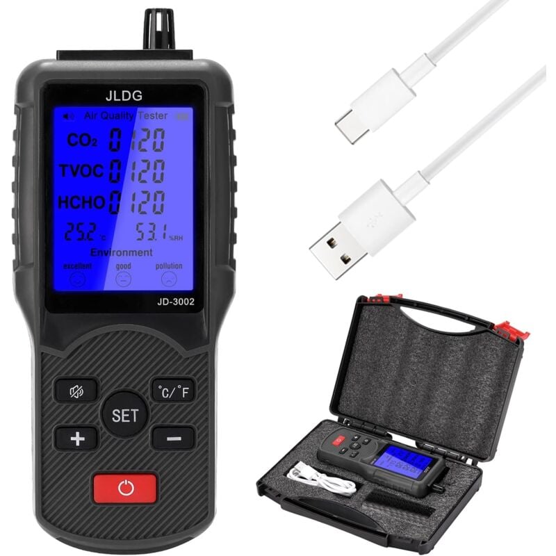 Image of Ej.life - Von zugelassener CO2-Tester, 8-in-1-Luftqualitätstester, tvoc, hcho, Temperatur- und Luftfeuchtigkeits-CO2-Detektor mit LCD-Display