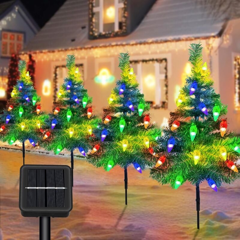 Image of Weihnachtsbaum mit Solar-Lichterkette, 4 Weihnachtsbäume mit Erdbeerlichtern, Solar-Gartenlichter mit 80 C6LED, Weihnachtsbeleuchtung,